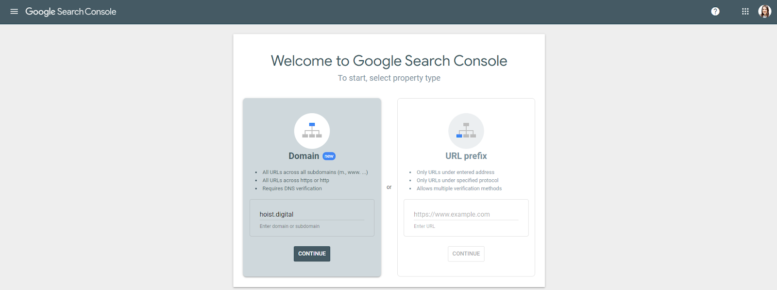 Google Search Console homepage for adding a website to request indexing